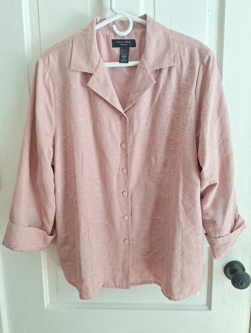 NWOT 100% Silk Silkland Woman Dusty Rose Jacquard Button-Down Blouse Sz 2X Plus